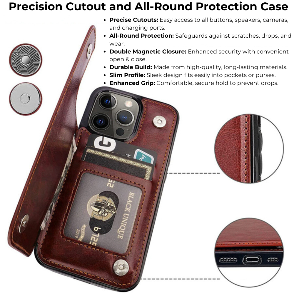 Premium iPhone Case Flip Wallet MagSafe Compatible Leather RFID Blocking Card Holder Magnetic Closure Shockproof Protective Cover Camera Lens Protection Stand Function