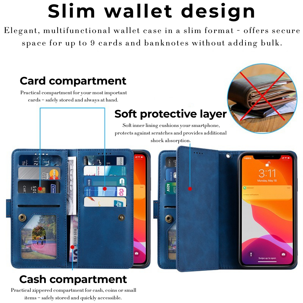 Premium iPhone Case Flip Wallet MagSafe Compatible Leather Zipper Card Holder Shockproof Protective Cover Strap Stand Function Camera Lens Protection