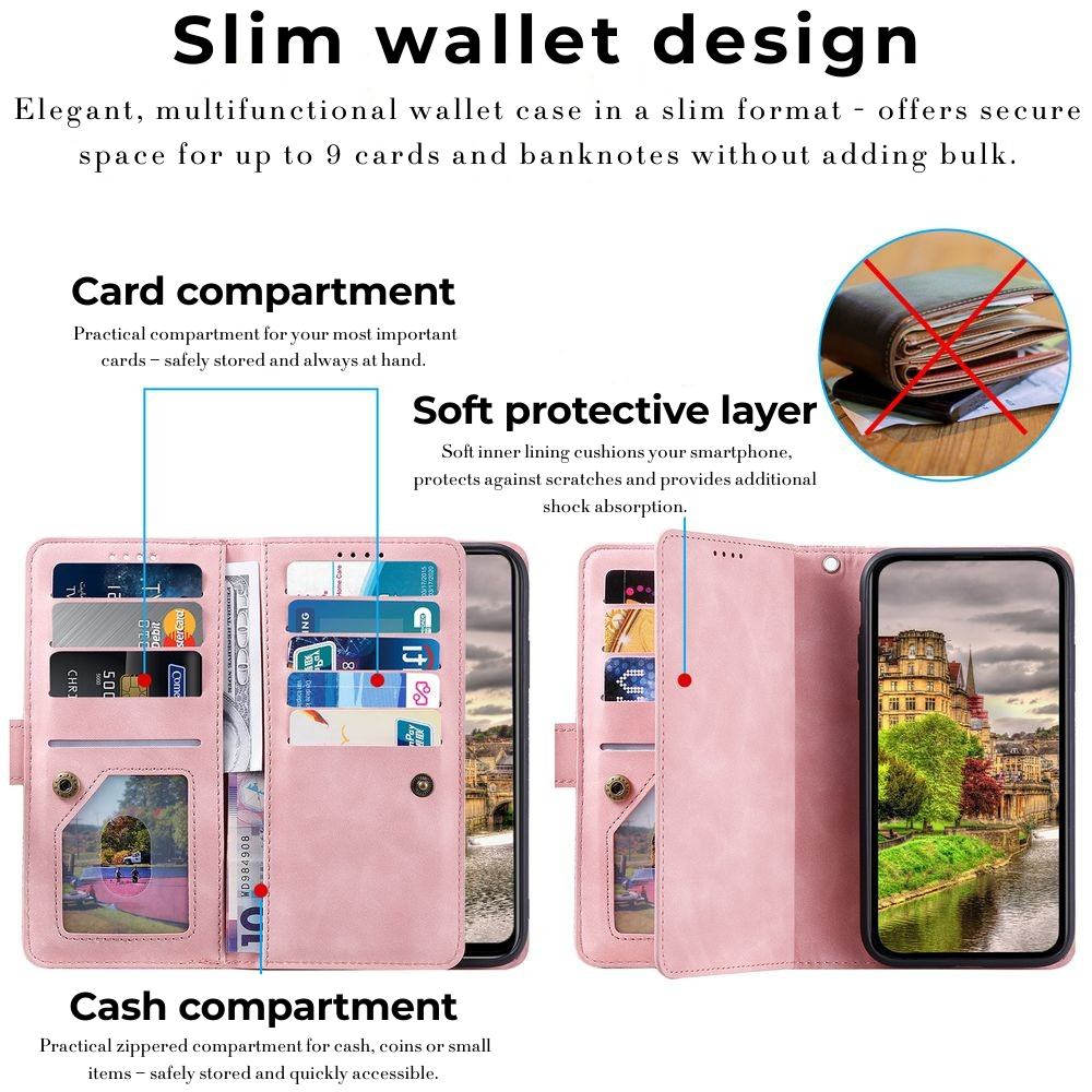 Premium iPhone Case Flip Wallet MagSafe Compatible Leather Zipper Card Holder Shockproof Protective Cover Strap Stand Function Camera Lens Protection