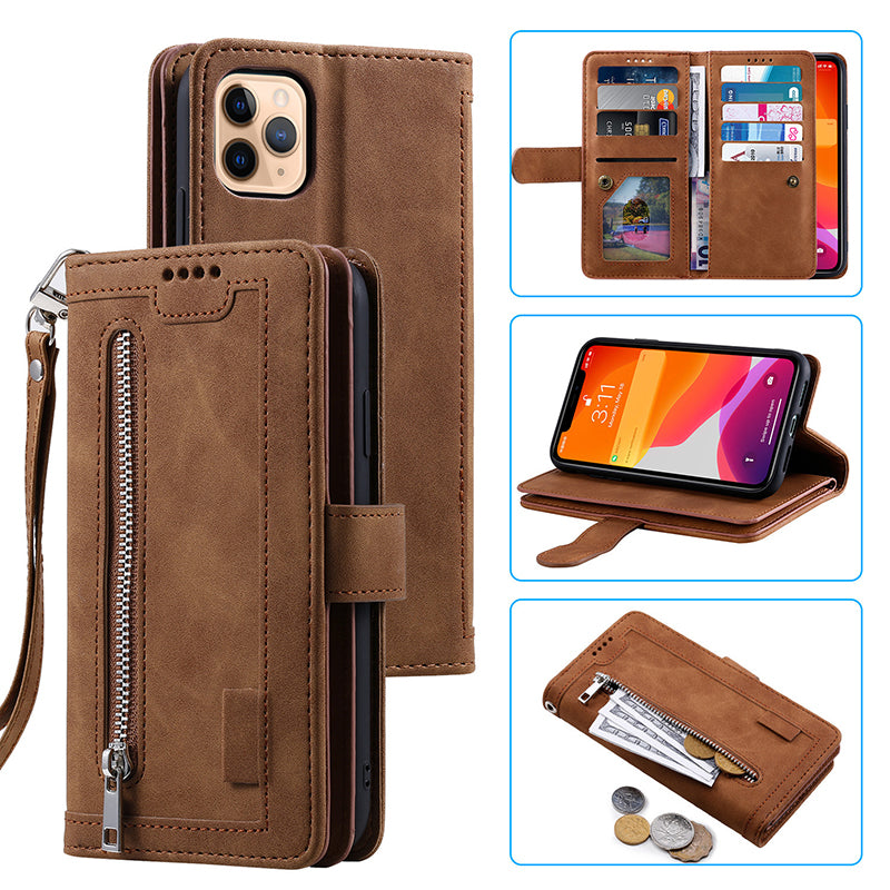 Premium iPhone Case Flip Wallet MagSafe Compatible Leather Zipper Card Holder Shockproof Protective Cover Strap Stand Function Camera Lens Protection