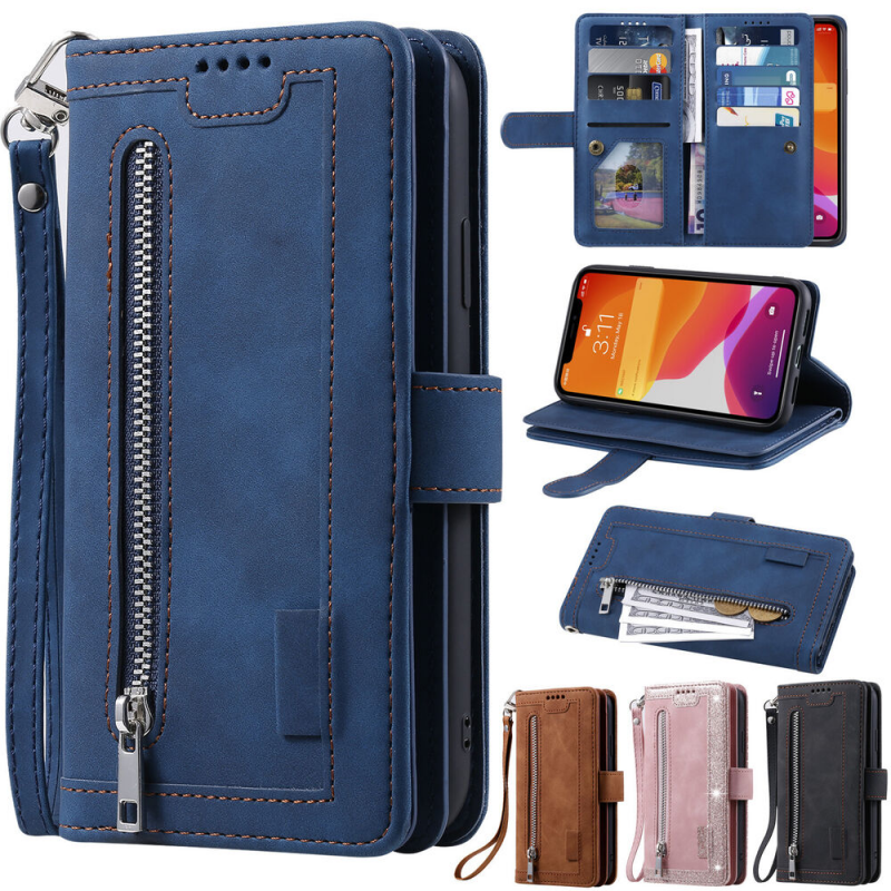 Premium iPhone Case Flip Wallet MagSafe Compatible Leather Zipper Card Holder Shockproof Protective Cover Strap Stand Function Camera Lens Protection