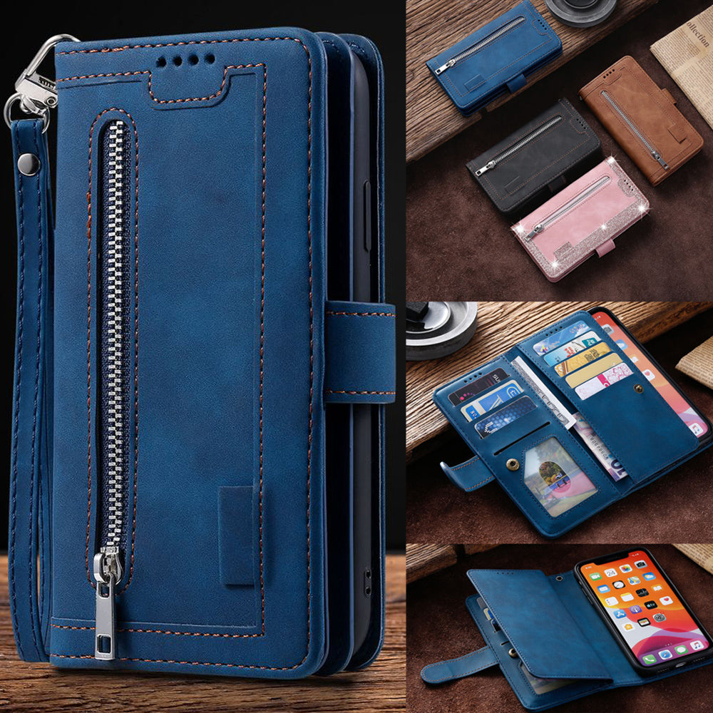 Premium iPhone Case Flip Wallet MagSafe Compatible Leather Zipper Card Holder Shockproof Protective Cover Strap Stand Function Camera Lens Protection