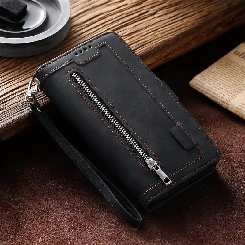 Premium iPhone Case Flip Wallet MagSafe Compatible Leather Zipper Card Holder Shockproof Protective Cover Strap Stand Function Camera Lens Protection