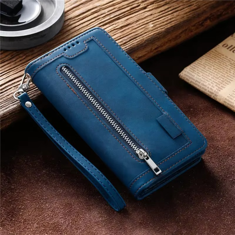 Premium iPhone Case Flip Wallet MagSafe Compatible Leather Zipper Card Holder Shockproof Protective Cover Strap Stand Function Camera Lens Protection