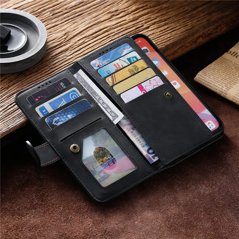 Premium iPhone Case Flip Wallet MagSafe Compatible Leather Zipper Card Holder Shockproof Protective Cover Strap Stand Function Camera Lens Protection