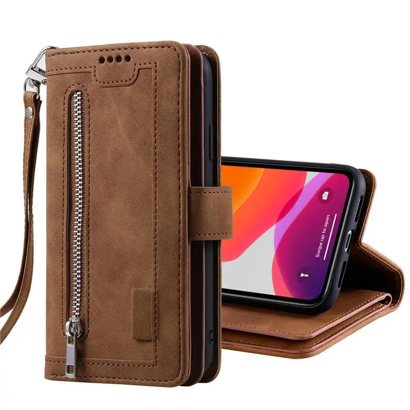 Premium iPhone Case Flip Wallet MagSafe Compatible Leather Zipper Card Holder Shockproof Protective Cover Strap Stand Function Camera Lens Protection