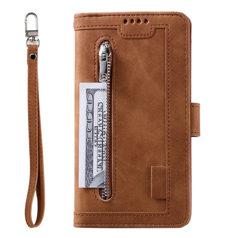 Premium iPhone Case Flip Wallet MagSafe Compatible Leather Zipper Card Holder Shockproof Protective Cover Strap Stand Function Camera Lens Protection