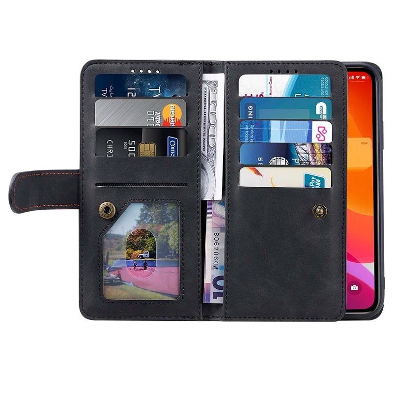 Premium iPhone Case Flip Wallet MagSafe Compatible Leather Zipper Card Holder Shockproof Protective Cover Strap Stand Function Camera Lens Protection