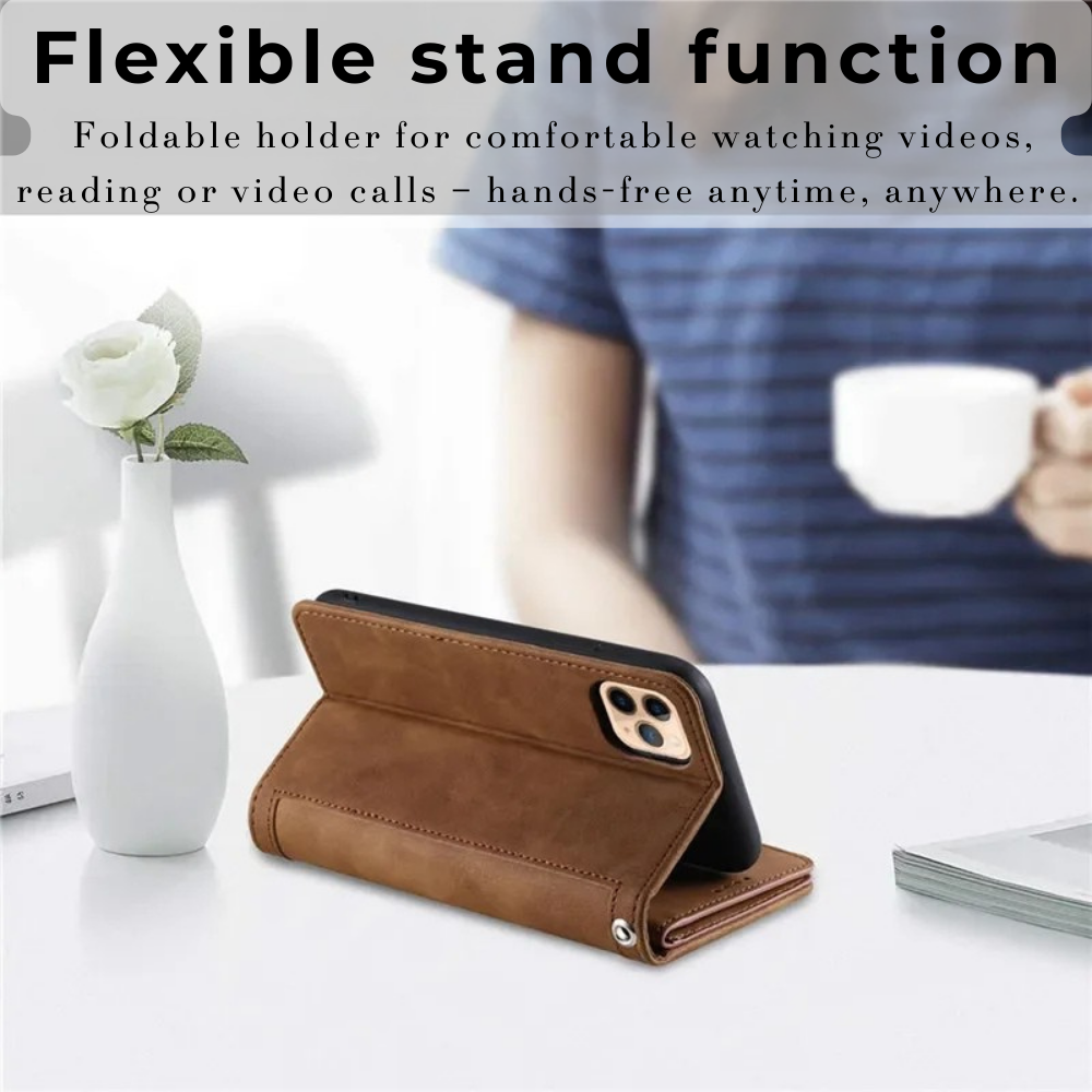 Premium iPhone Case Flip Wallet MagSafe Compatible Leather Zipper Card Holder Shockproof Protective Cover Strap Stand Function Camera Lens Protection