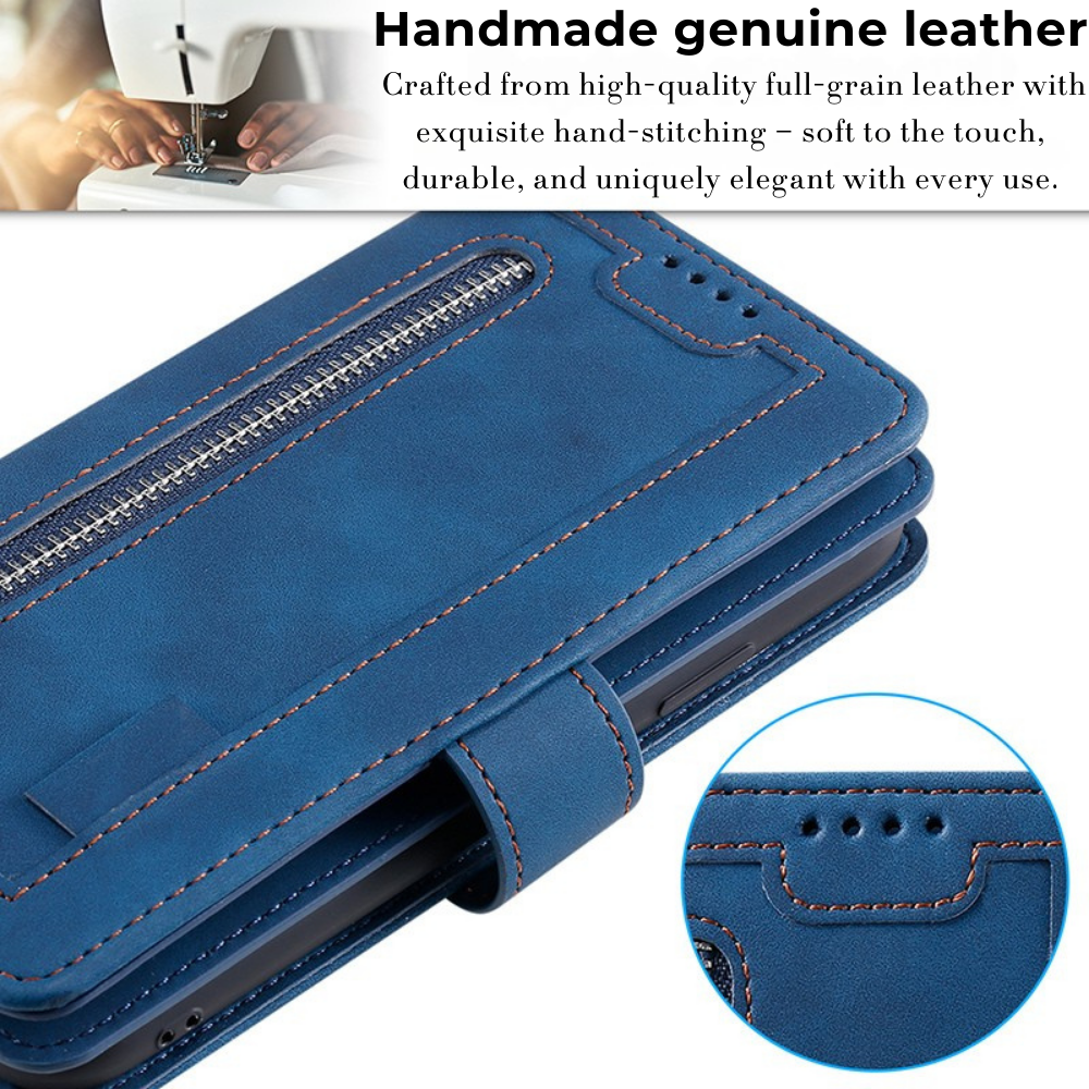 Premium iPhone Case Flip Wallet MagSafe Compatible Leather Zipper Card Holder Shockproof Protective Cover Strap Stand Function Camera Lens Protection