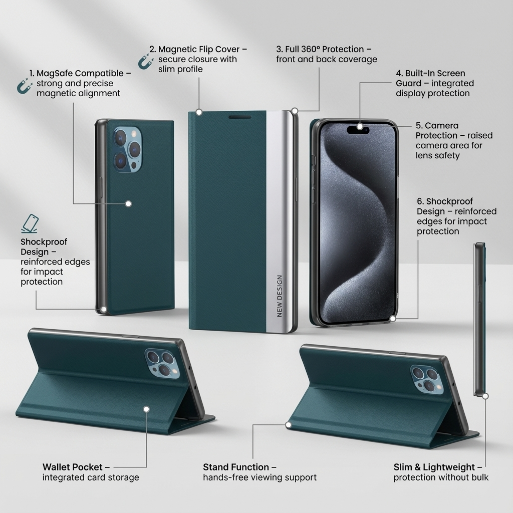 Premium iPhone Case Flip Wallet MagSafe Compatible Magnetic Shockproof Protective Cover Card Holder Stand Function Screen Protection Slim Design