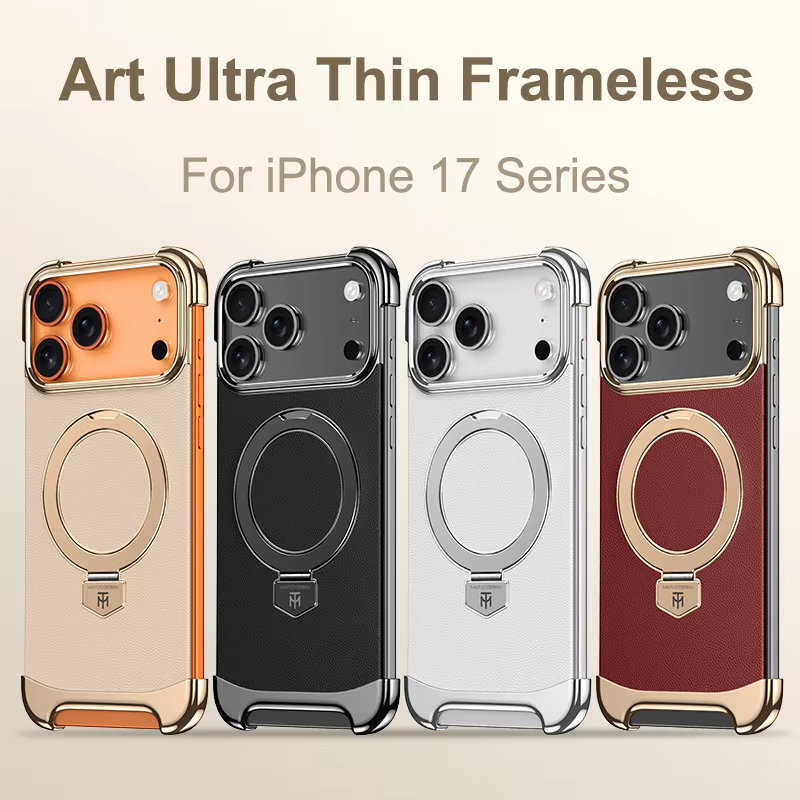 Premium iPhone Case Frameless Magnetic Protective Cover Ultra Thin Leather Back Metal Bumper Stand Shockproof Edge Protection Camera Lens Guard