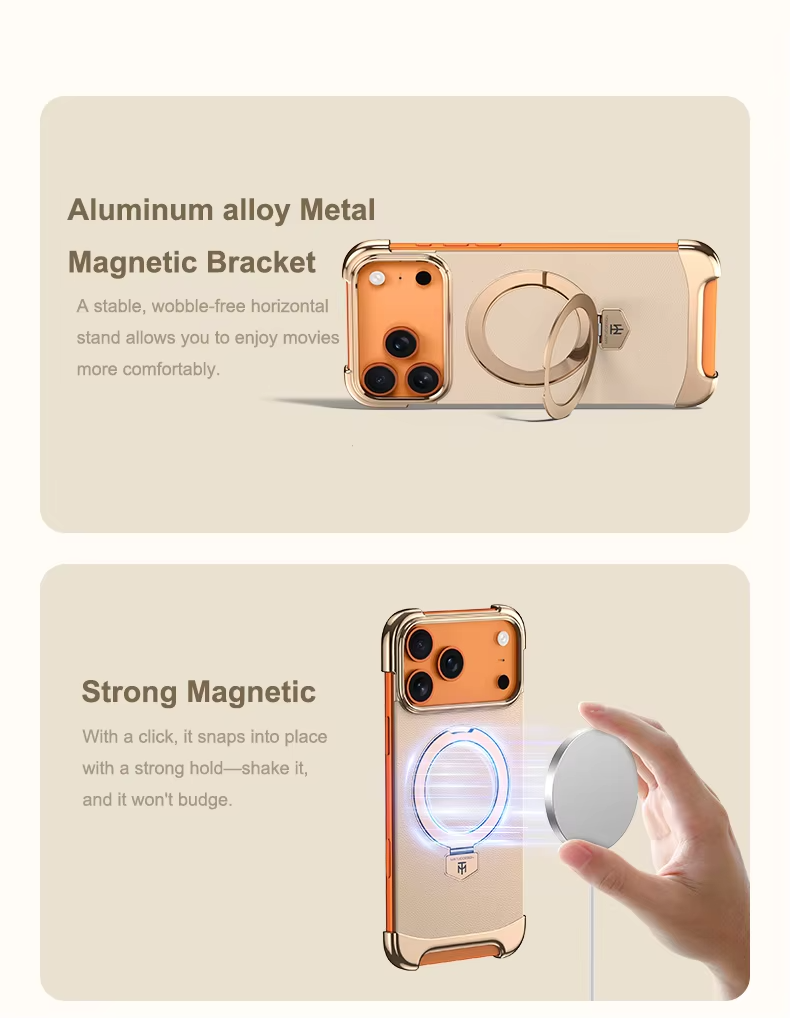 Premium iPhone Case Frameless Magnetic Protective Cover Ultra Thin Leather Back Metal Bumper Stand Shockproof Edge Protection Camera Lens Guard