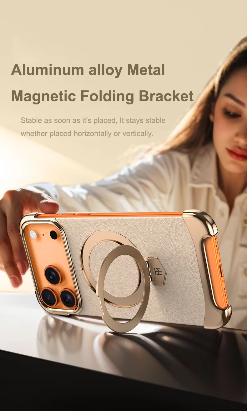 Premium iPhone Case Frameless Magnetic Protective Cover Ultra Thin Leather Back Metal Bumper Stand Shockproof Edge Protection Camera Lens Guard