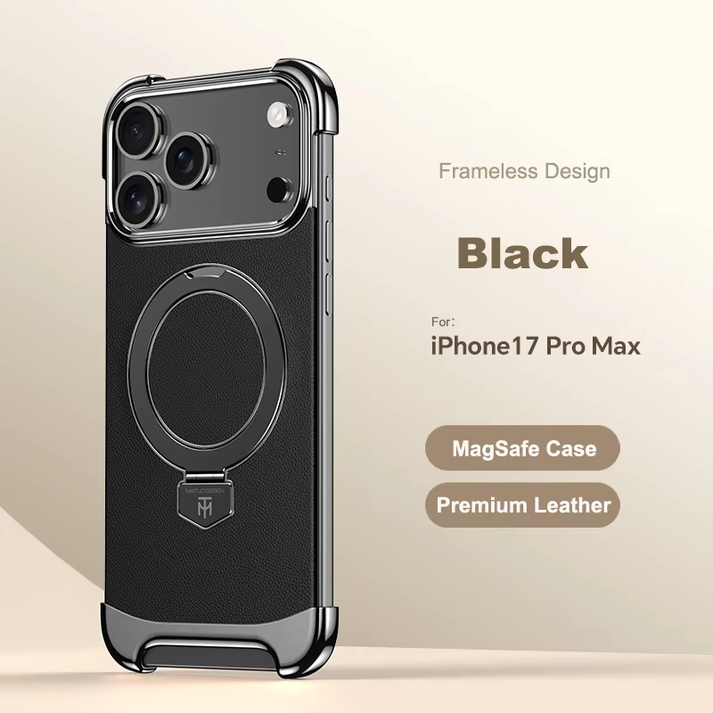 Premium iPhone Case Frameless Magnetic Protective Cover Ultra Thin Leather Back Metal Bumper Stand Shockproof Edge Protection Camera Lens Guard