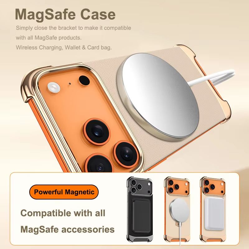 Premium iPhone Case Frameless Magnetic Protective Cover Ultra Thin Leather Back Metal Bumper Stand Shockproof Edge Protection Camera Lens Guard