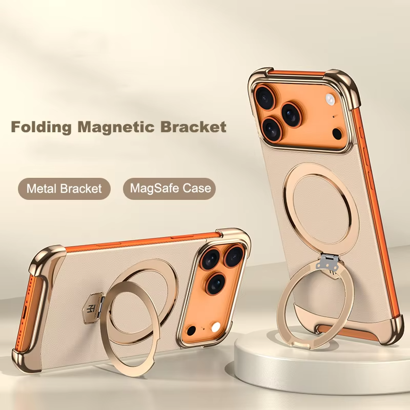 Premium iPhone Case Frameless Magnetic Protective Cover Ultra Thin Leather Back Metal Bumper Stand Shockproof Edge Protection Camera Lens Guard