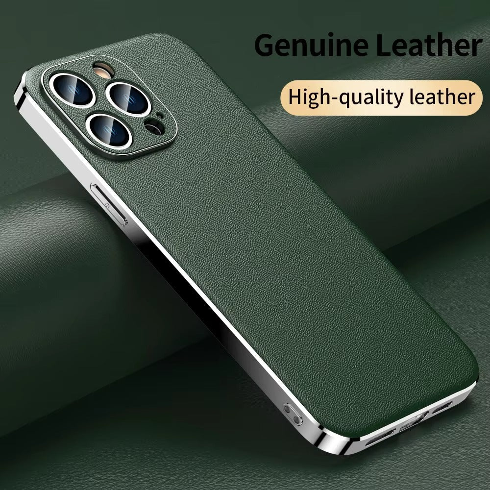 Premium iPhone Case Genuine Cowhide Leather Protective Cover Plating Frame Full Camera Lens Protection Shockproof TPU Edge Slim Durable Design