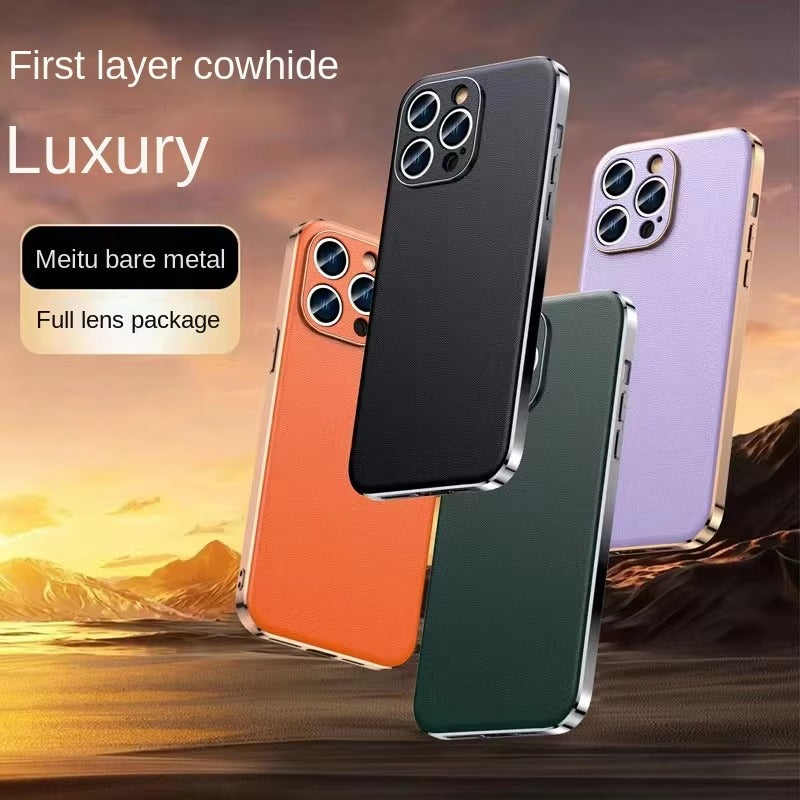 Premium iPhone Case Genuine Cowhide Leather Protective Cover Plating Frame Full Camera Lens Protection Shockproof TPU Edge Slim Durable Design