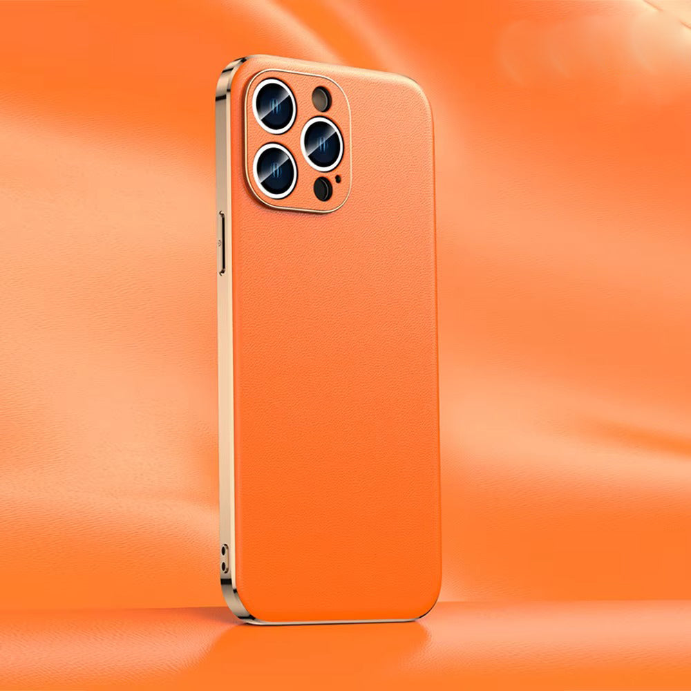 Premium iPhone Case Genuine Cowhide Leather Protective Cover Plating Frame Full Camera Lens Protection Shockproof TPU Edge Slim Durable Design
