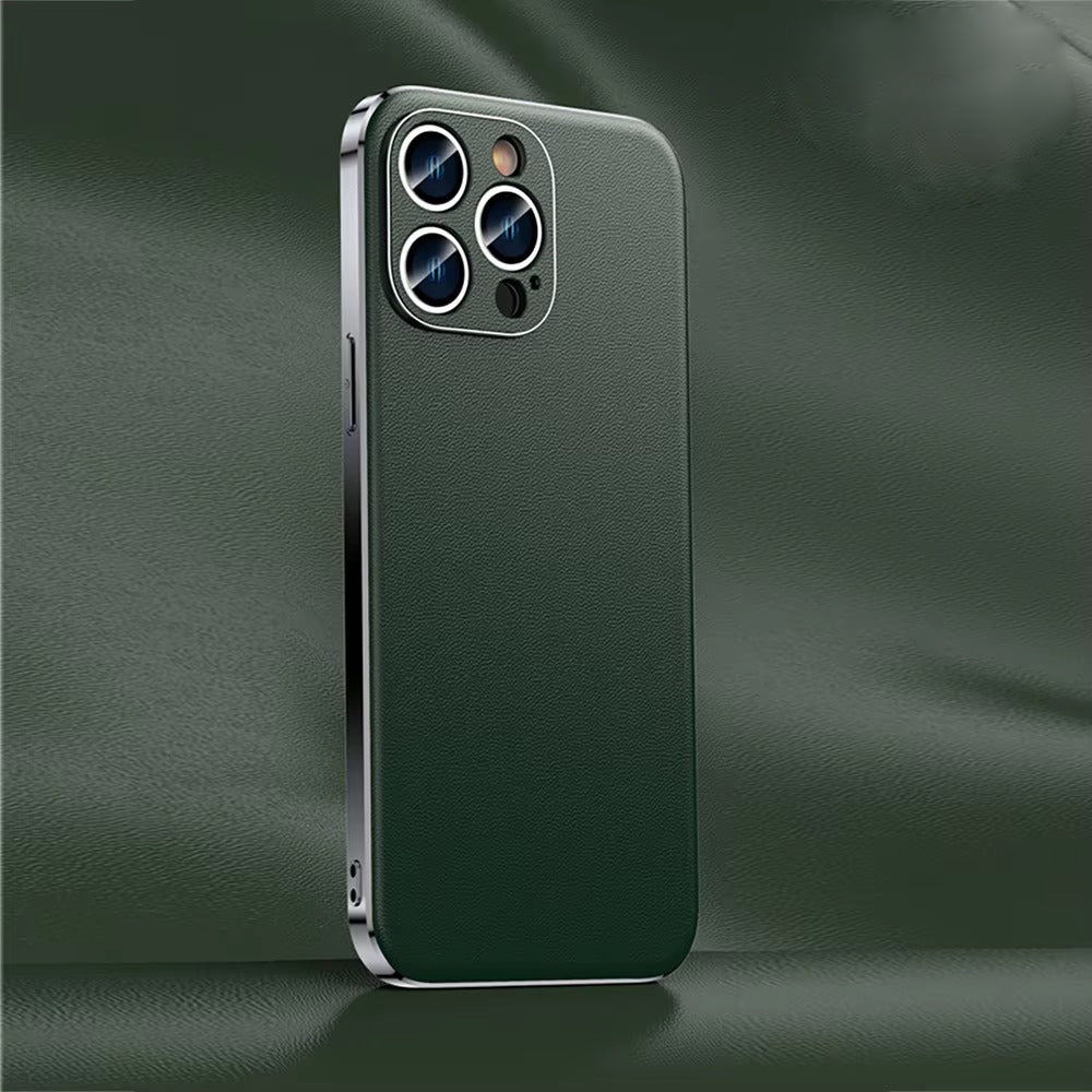 Premium iPhone Case Genuine Cowhide Leather Protective Cover Plating Frame Full Camera Lens Protection Shockproof TPU Edge Slim Durable Design