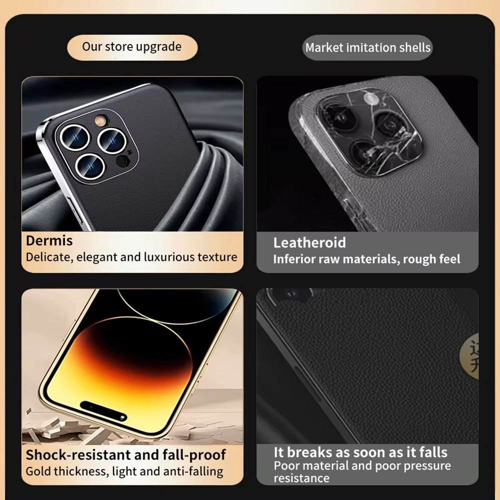 Premium iPhone Case Genuine Cowhide Leather Protective Cover Plating Frame Full Camera Lens Protection Shockproof TPU Edge Slim Durable Design