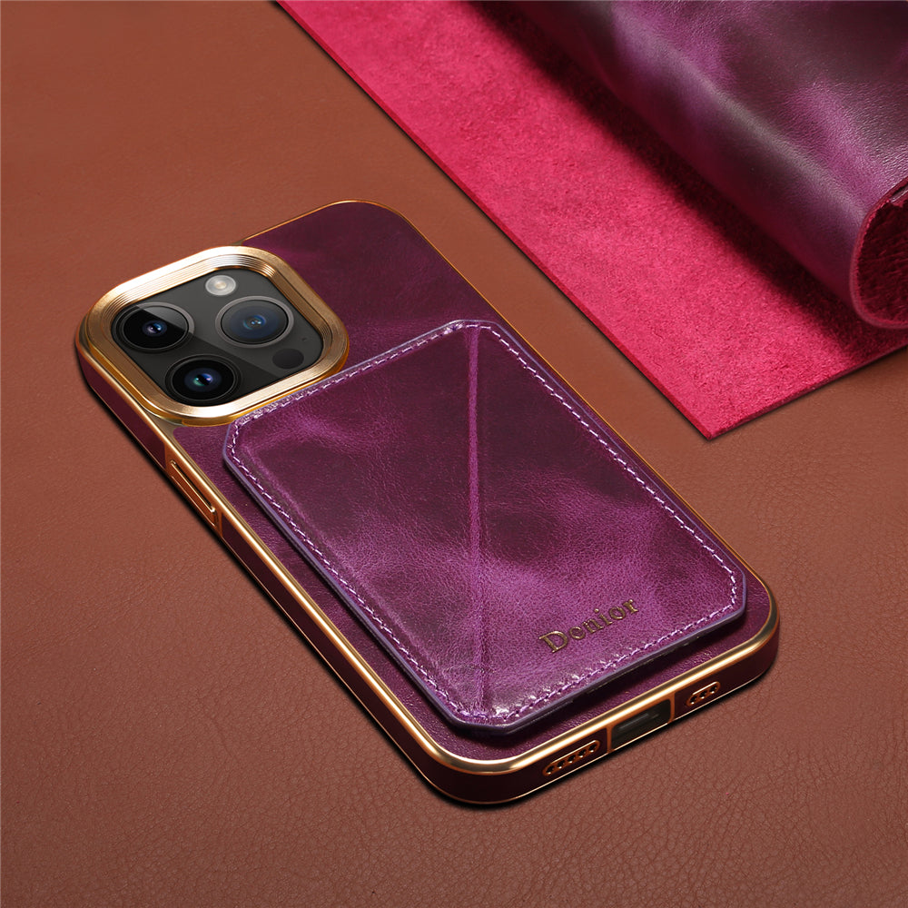 Premium iPhone Case Genuine Cowhide Leather Wallet Cover Magnetic Card Holder Plating Frame Shockproof Protection Full Body Slim Design