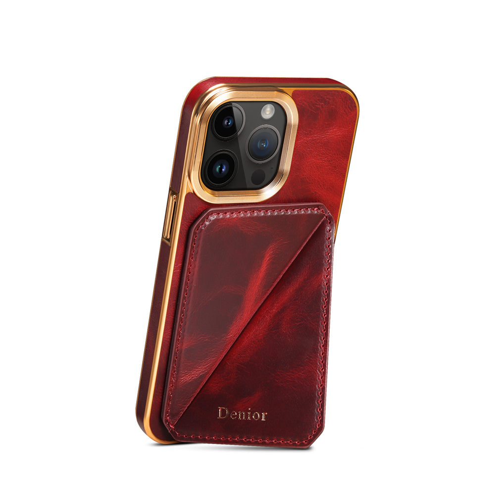 Premium iPhone Case Genuine Cowhide Leather Wallet Cover Magnetic Card Holder Plating Frame Shockproof Protection Full Body Slim Design