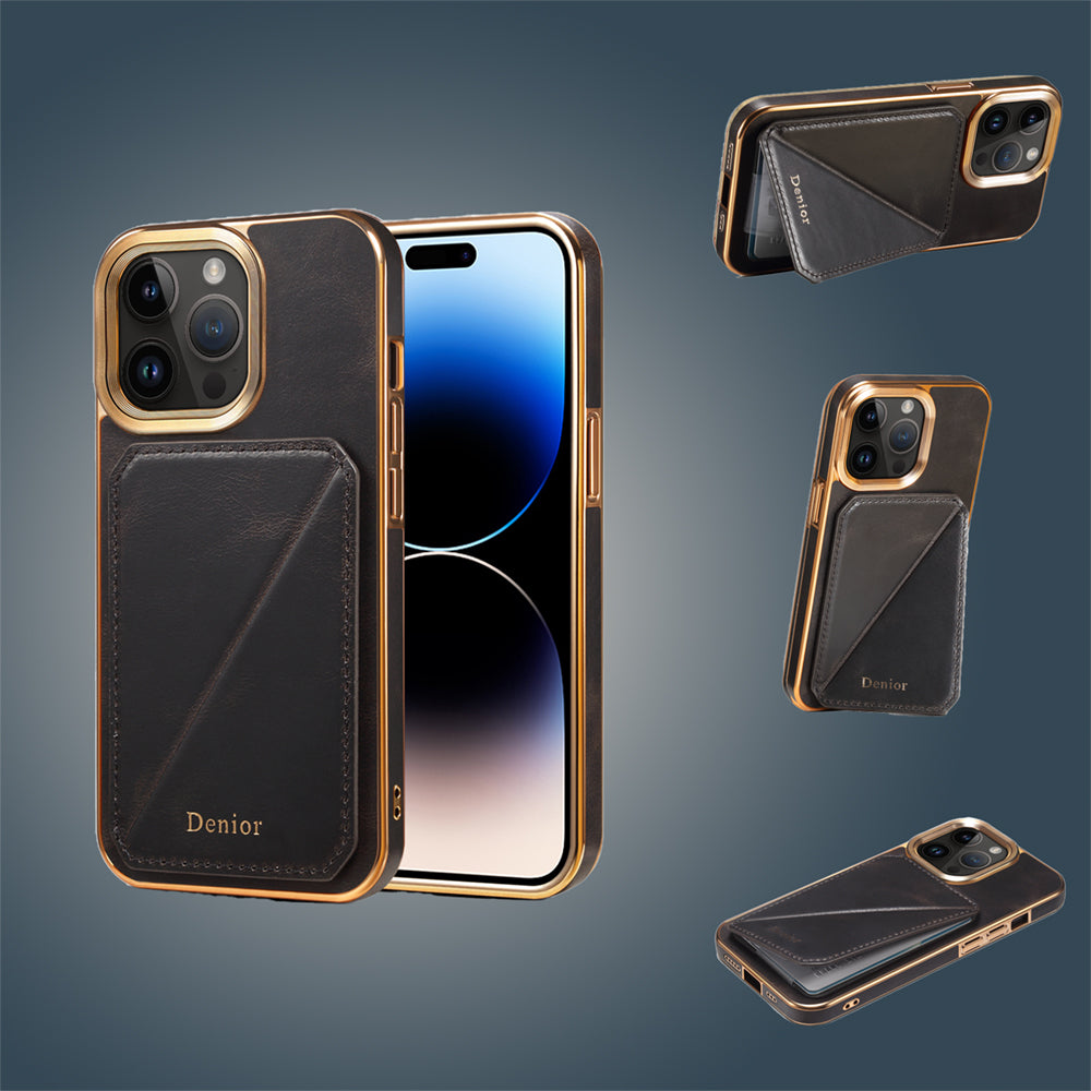 Premium iPhone Case Genuine Cowhide Leather Wallet Cover Magnetic Card Holder Plating Frame Shockproof Protection Full Body Slim Design