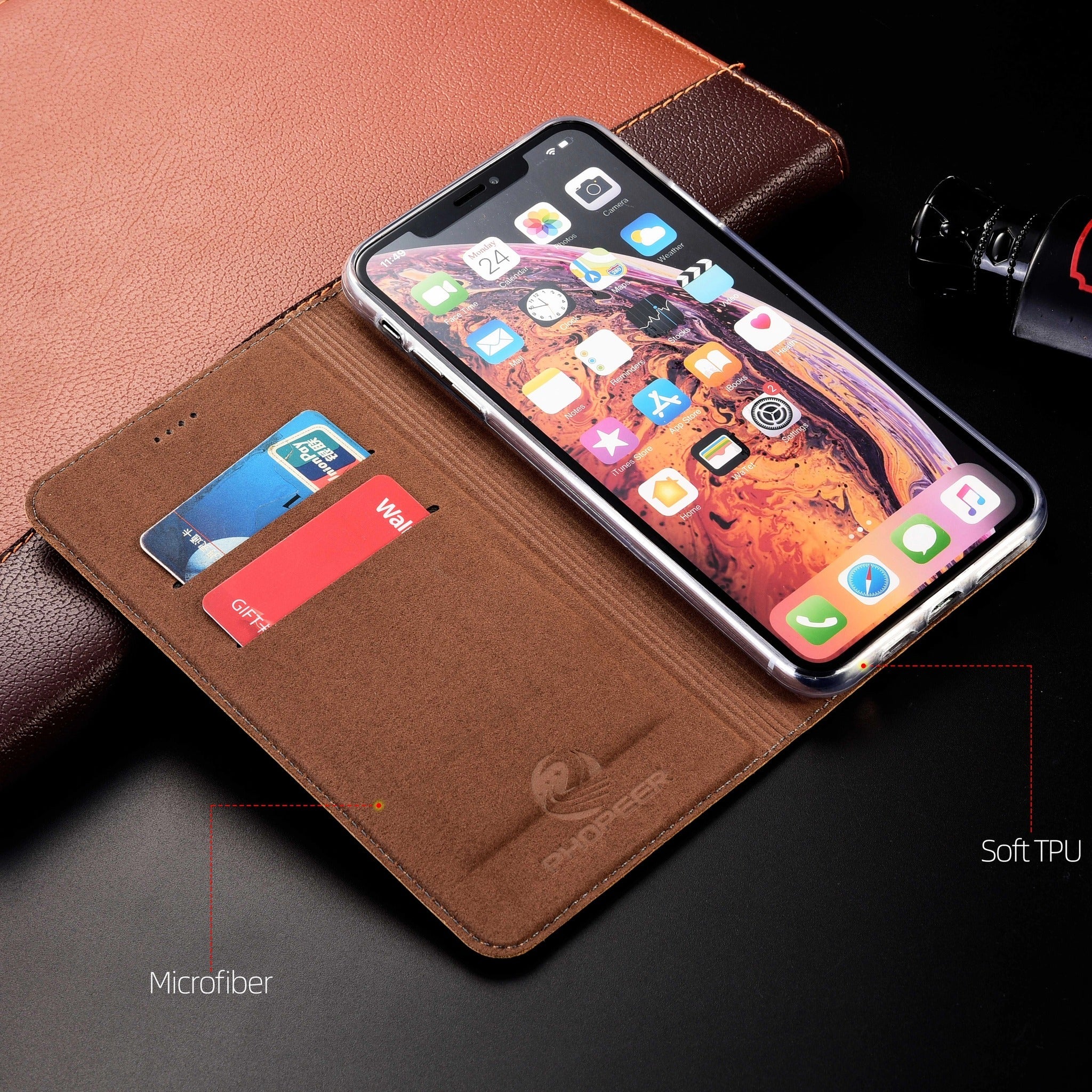 Premium iPhone Case Genuine Leather Flip Wallet Cover Card Slots Magnetic Closure Shockproof Full Protection Slim Elegant Design