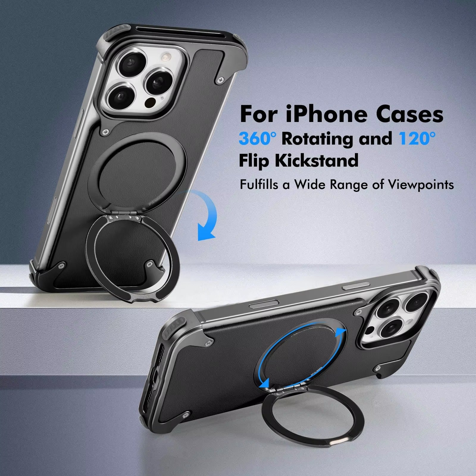 Premium iPhone Case Genuine Leather Magnetic Protective Cover MagSafe Compatible Frameless Design Rotating Stand Ring Shockproof Anti Drop Protection