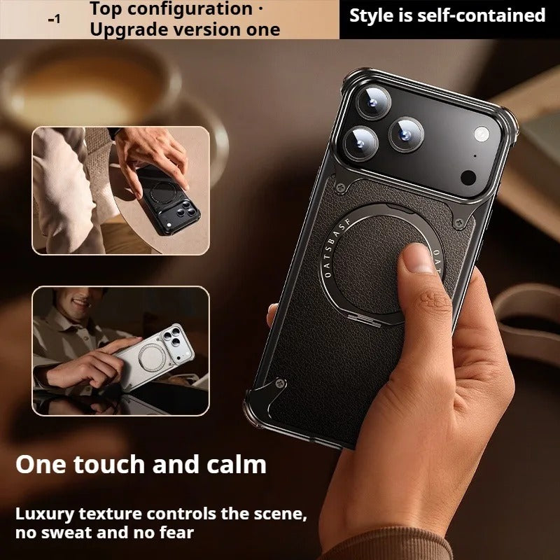 Premium iPhone Case Genuine Leather Magnetic Protective Cover MagSafe Compatible Frameless Design Rotating Stand Ring Shockproof Anti Drop Protection