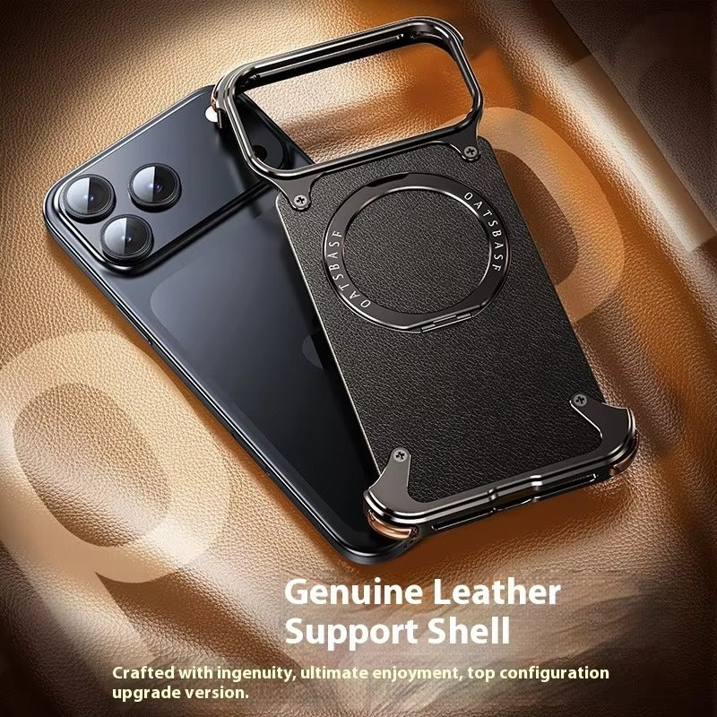 Premium iPhone Case Genuine Leather Magnetic Protective Cover MagSafe Compatible Frameless Design Rotating Stand Ring Shockproof Anti Drop Protection