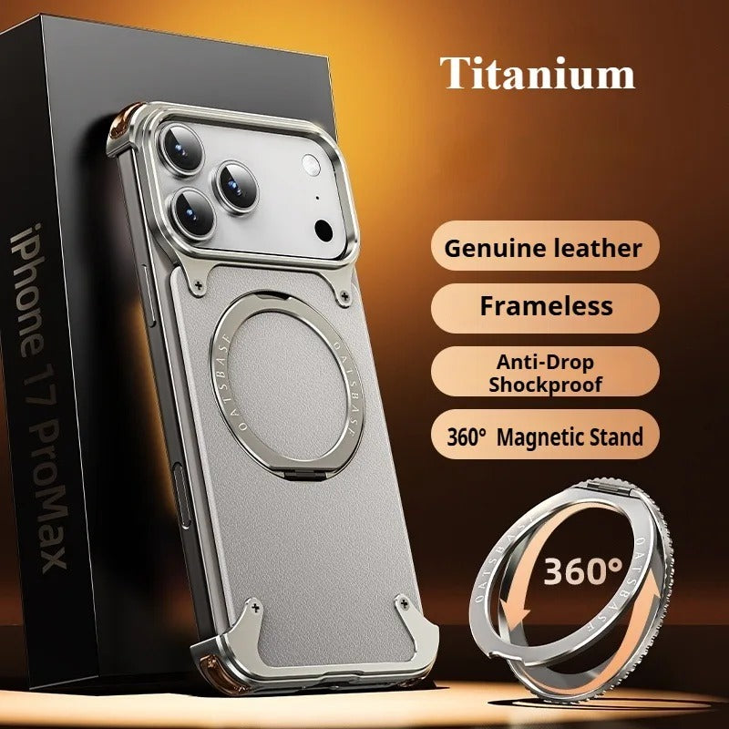 Premium iPhone Case Genuine Leather Magnetic Protective Cover MagSafe Compatible Frameless Design Rotating Stand Ring Shockproof Anti Drop Protection