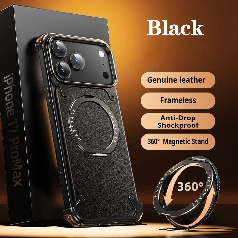 Premium iPhone Case Genuine Leather Magnetic Protective Cover MagSafe Compatible Frameless Design Rotating Stand Ring Shockproof Anti Drop Protection