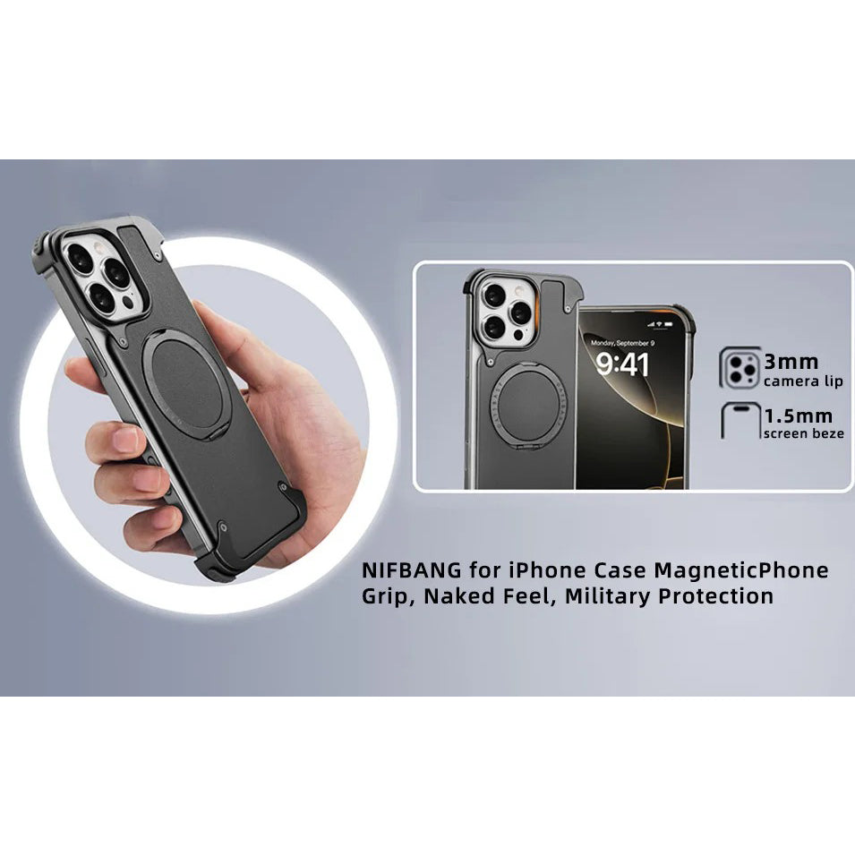 Premium iPhone Case Genuine Leather Magnetic Protective Cover MagSafe Compatible Frameless Design Rotating Stand Ring Shockproof Anti Drop Protection