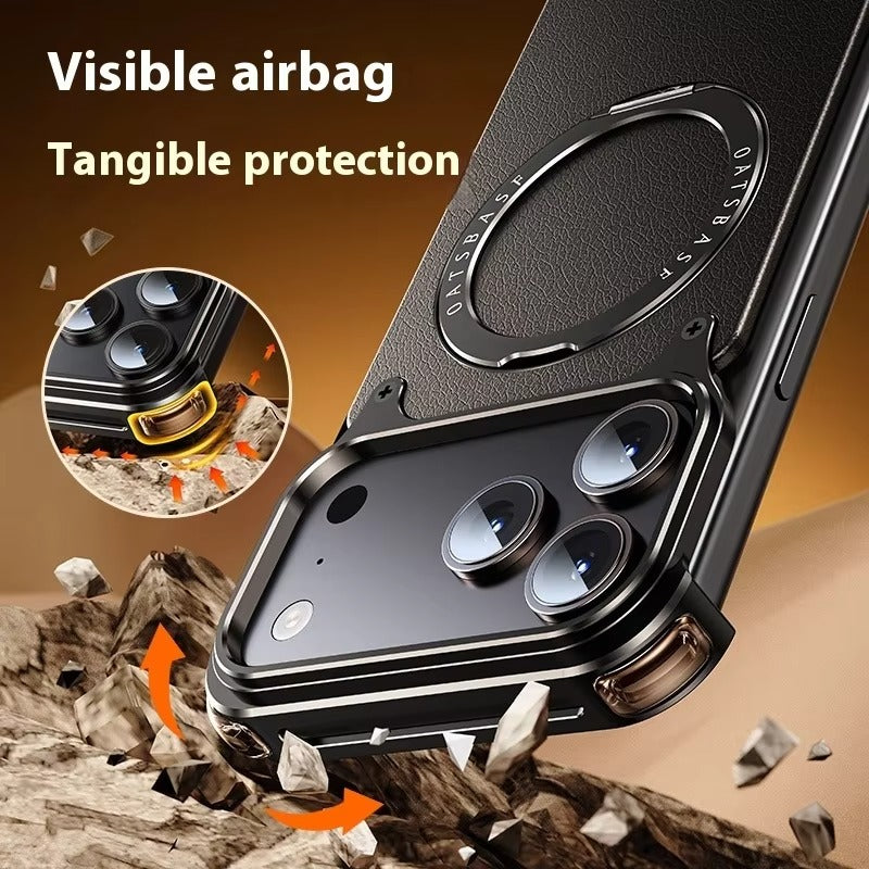 Premium iPhone Case Genuine Leather Magnetic Protective Cover MagSafe Compatible Frameless Design Rotating Stand Ring Shockproof Anti Drop Protection
