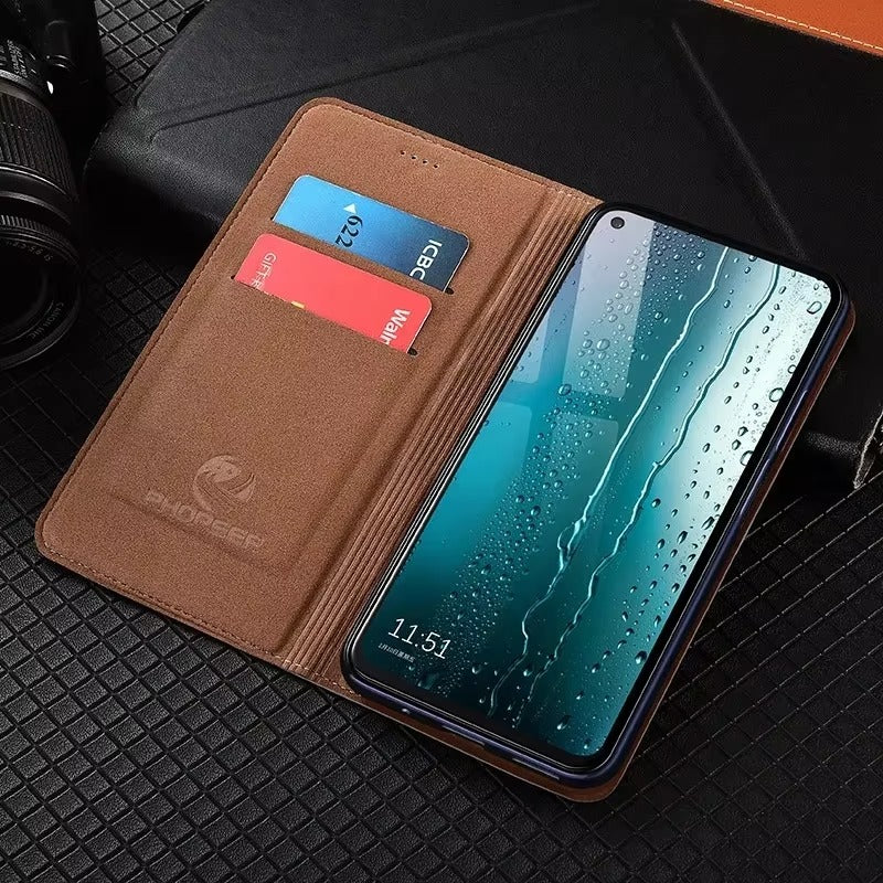 Premium iPhone Case Genuine Nappa Leather Wallet Flip Cover Card Holder Magnetic Closure Shockproof Protection Full Body Slim Business Design