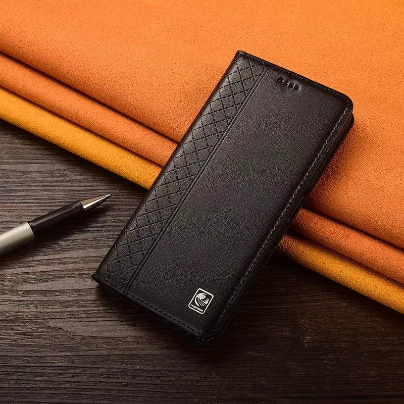 Premium iPhone Case Genuine Nappa Leather Wallet Flip Cover Card Holder Magnetic Closure Shockproof Protection Full Body Slim Business Design