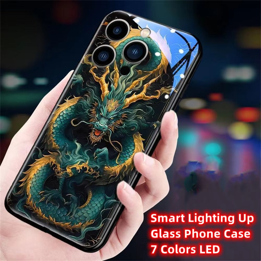 Premium iPhone Case LED Luminous Protective Cover Golden Dragon Design Sound Reactive Tempered Glass Back Shockproof TPU Frame Ultra Thin Full Protection