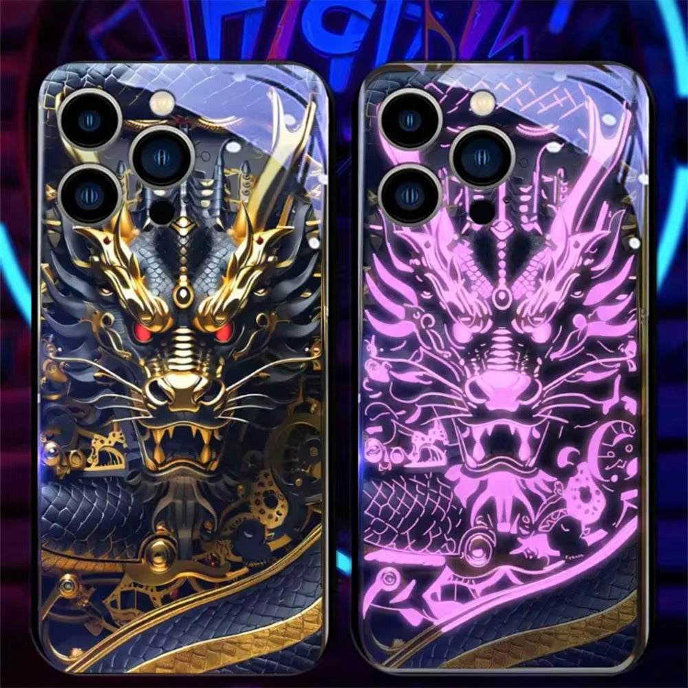 Premium iPhone Case LED Luminous Protective Cover Golden Dragon Design Sound Reactive Tempered Glass Back Shockproof TPU Frame Ultra Thin Full Protection
