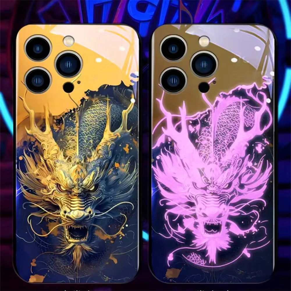 Premium iPhone Case LED Luminous Protective Cover Golden Dragon Design Sound Reactive Tempered Glass Back Shockproof TPU Frame Ultra Thin Full Protection