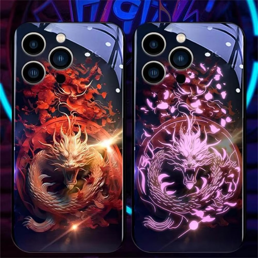 Premium iPhone Case LED Luminous Protective Cover Golden Dragon Design Sound Reactive Tempered Glass Back Shockproof TPU Frame Ultra Thin Full Protection