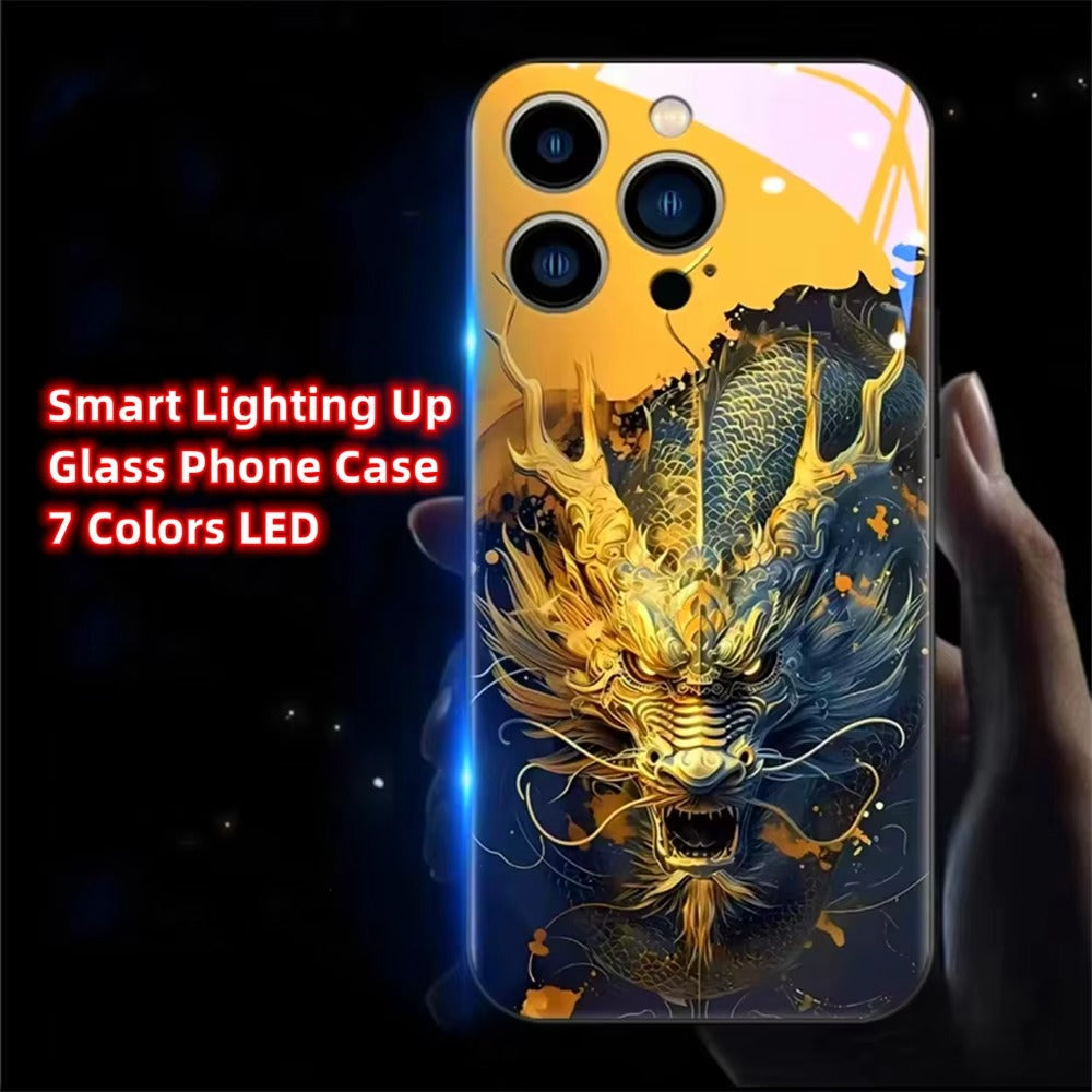 Premium iPhone Case LED Luminous Protective Cover Golden Dragon Design Sound Reactive Tempered Glass Back Shockproof TPU Frame Ultra Thin Full Protection