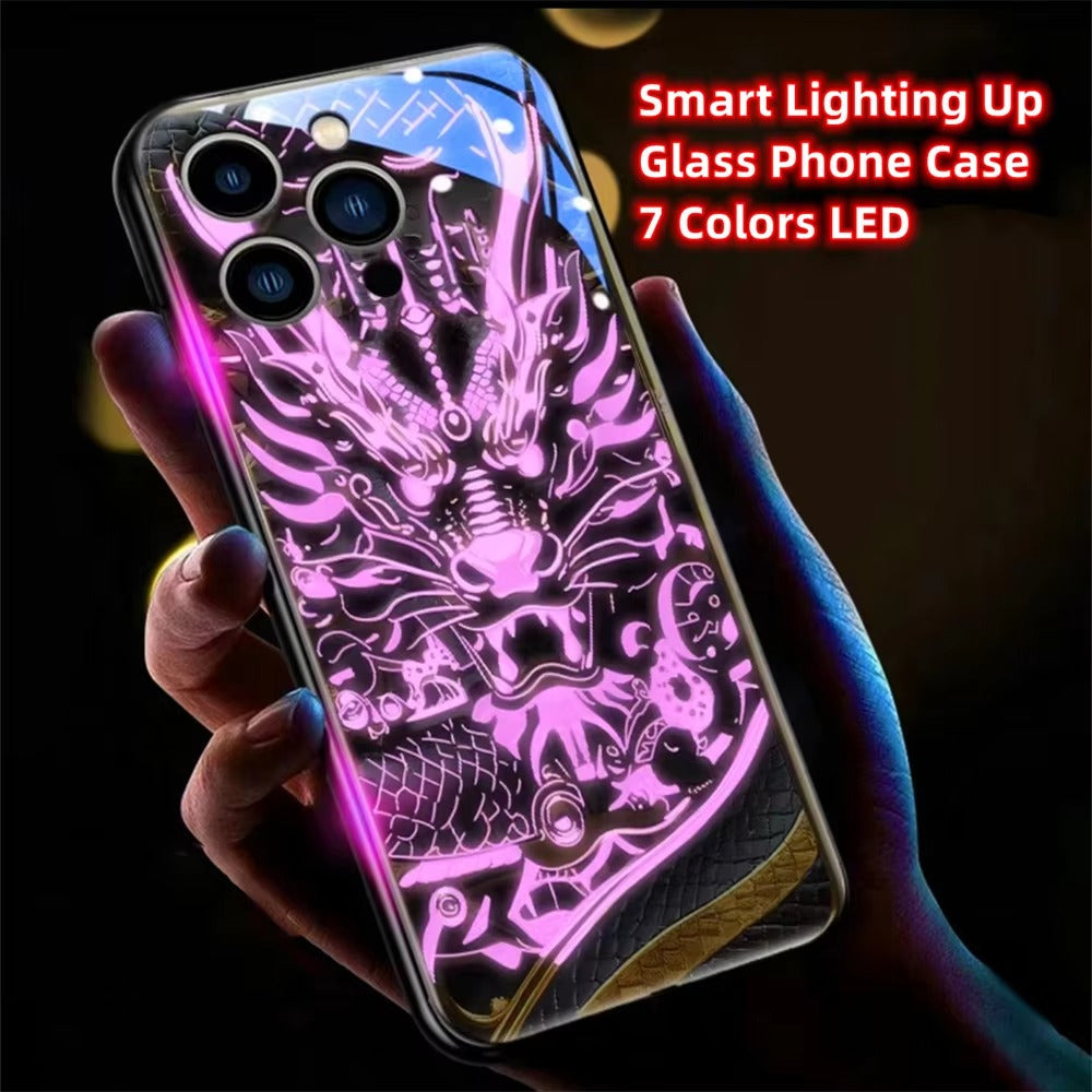Premium iPhone Case LED Luminous Protective Cover Golden Dragon Design Sound Reactive Tempered Glass Back Shockproof TPU Frame Ultra Thin Full Protection