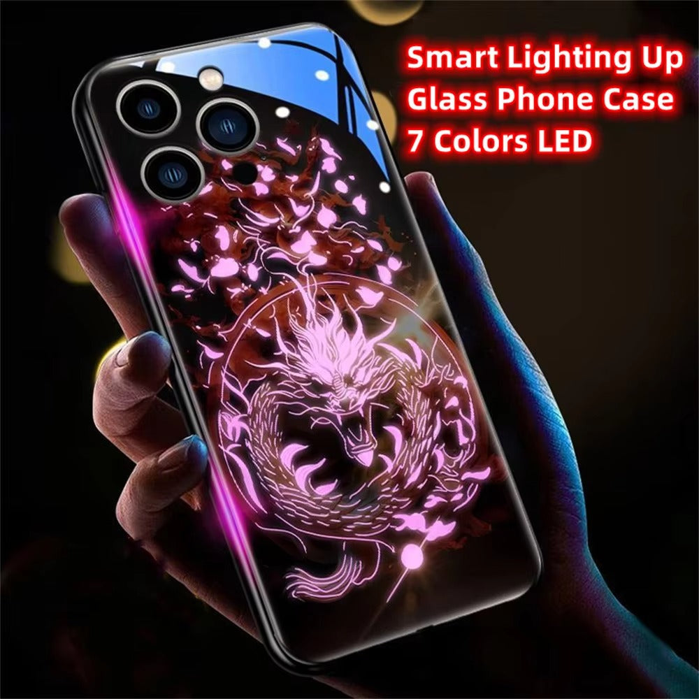 Premium iPhone Case LED Luminous Protective Cover Golden Dragon Design Sound Reactive Tempered Glass Back Shockproof TPU Frame Ultra Thin Full Protection