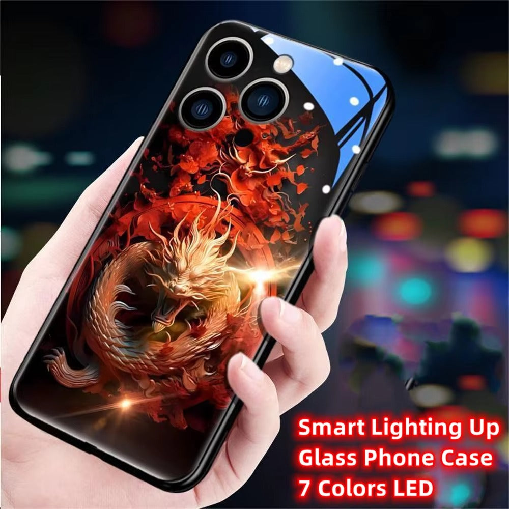 Premium iPhone Case LED Luminous Protective Cover Golden Dragon Design Sound Reactive Tempered Glass Back Shockproof TPU Frame Ultra Thin Full Protection