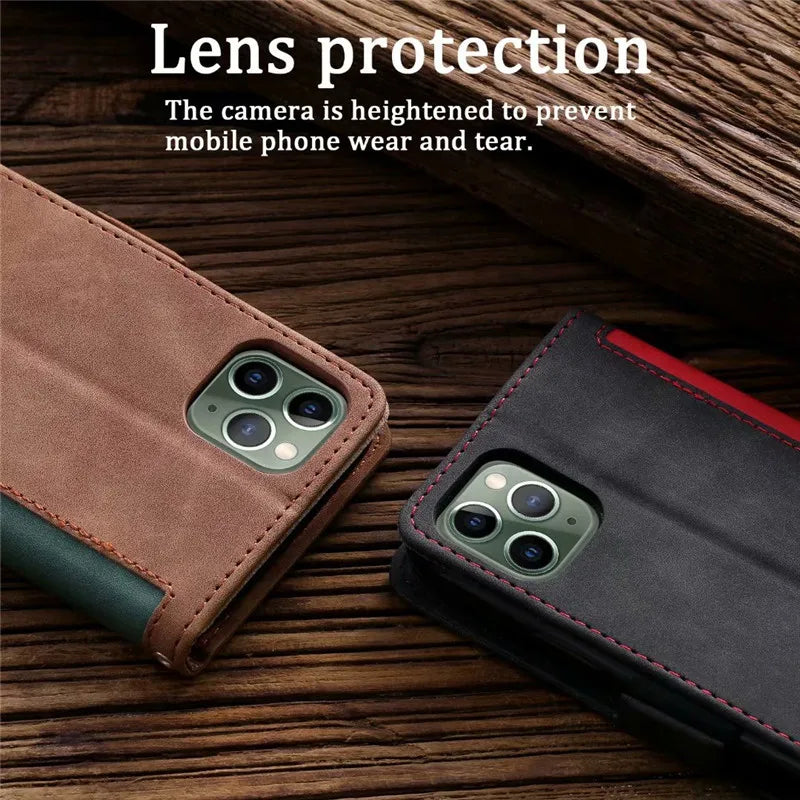 Premium iPhone Case Leather Wallet Flip Cover Card Slots Magnetic Closure Shockproof Protection Full Body Slim Elegant Design