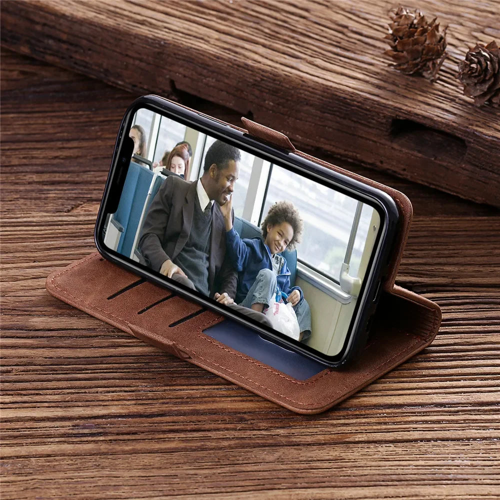 Premium iPhone Case Leather Wallet Flip Cover Card Slots Magnetic Closure Shockproof Protection Full Body Slim Elegant Design