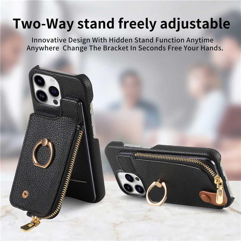 Premium iPhone Case Leather Zipper Wallet Cover Card Holder Ring Kickstand Magnetic Closure Shockproof Full Protection Slim Design